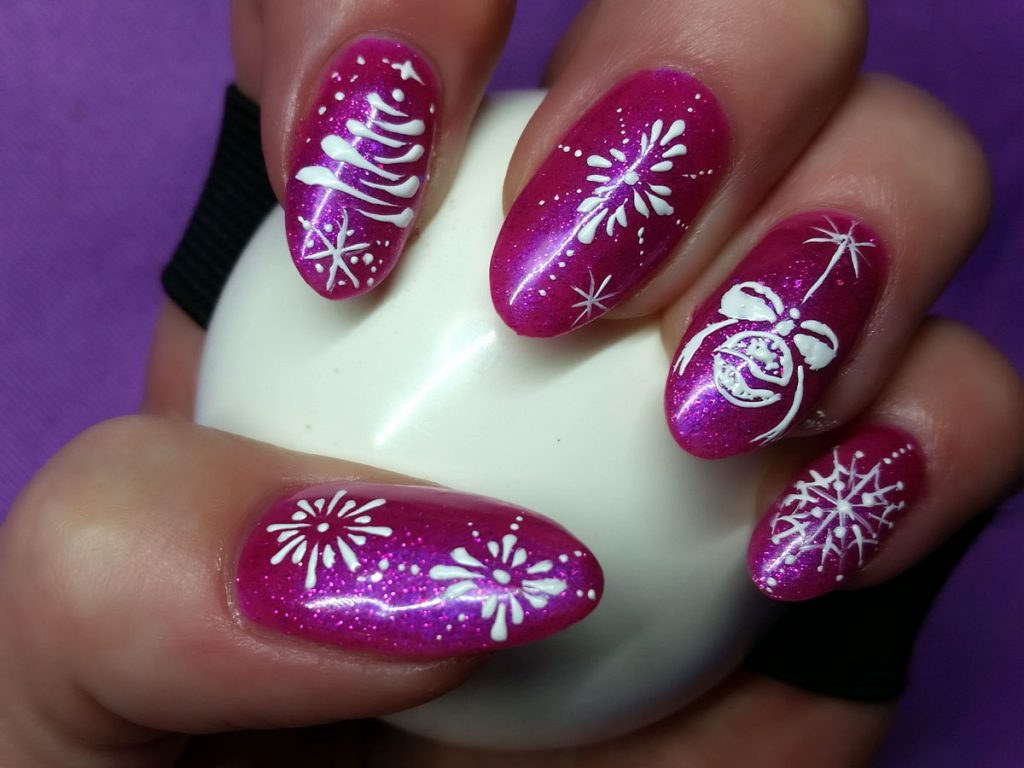 Sparkly pink nails with 3d christmas detail Snowflakes bauble